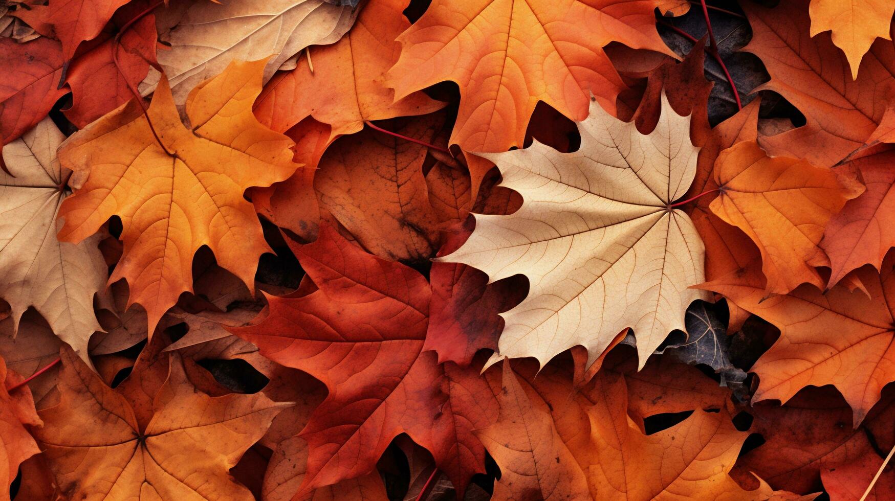 Close up of Autumn leaves image in the style of light orange and light crimson, AI generated. photo