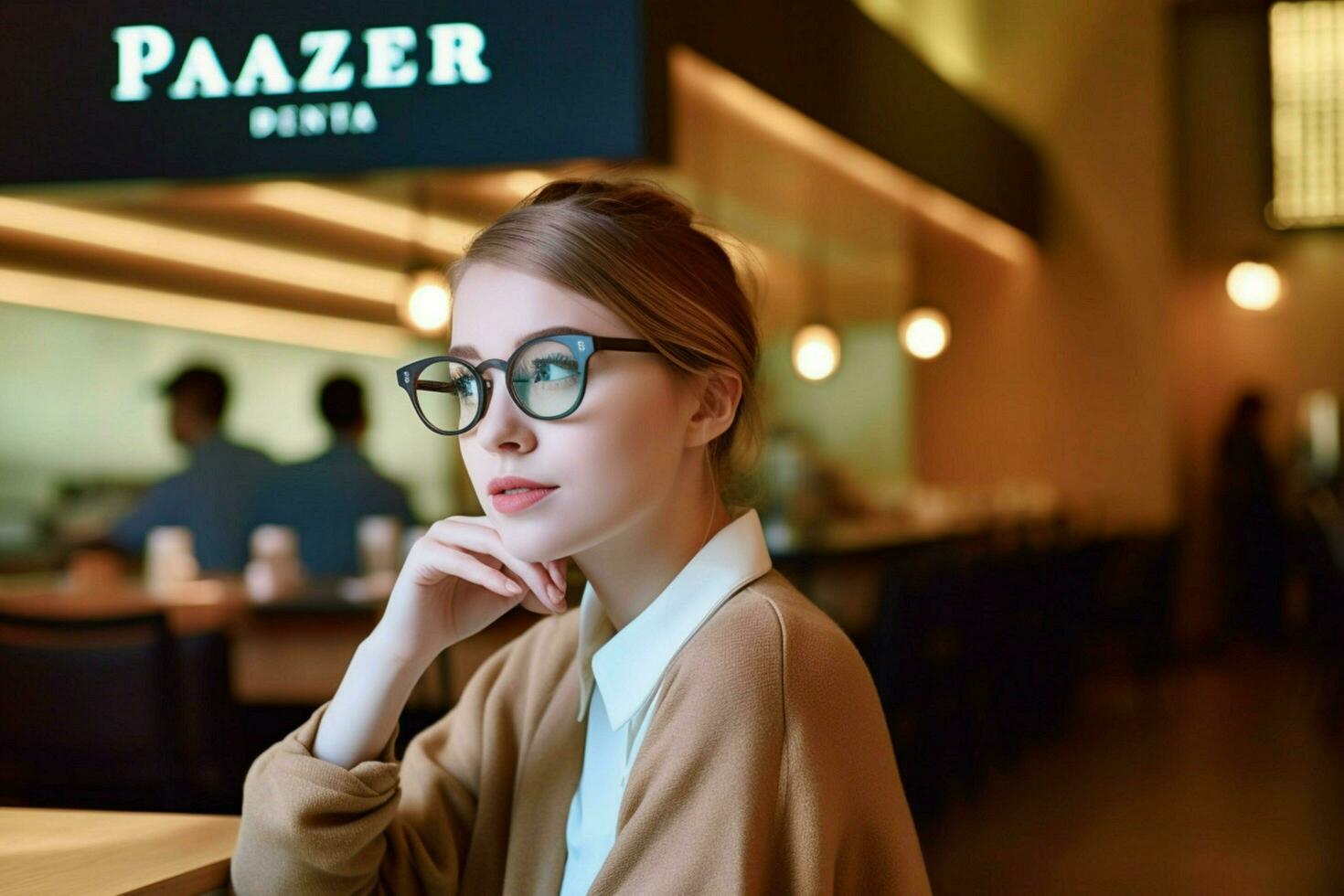 a woman wearing glasses with the word panera on t photo