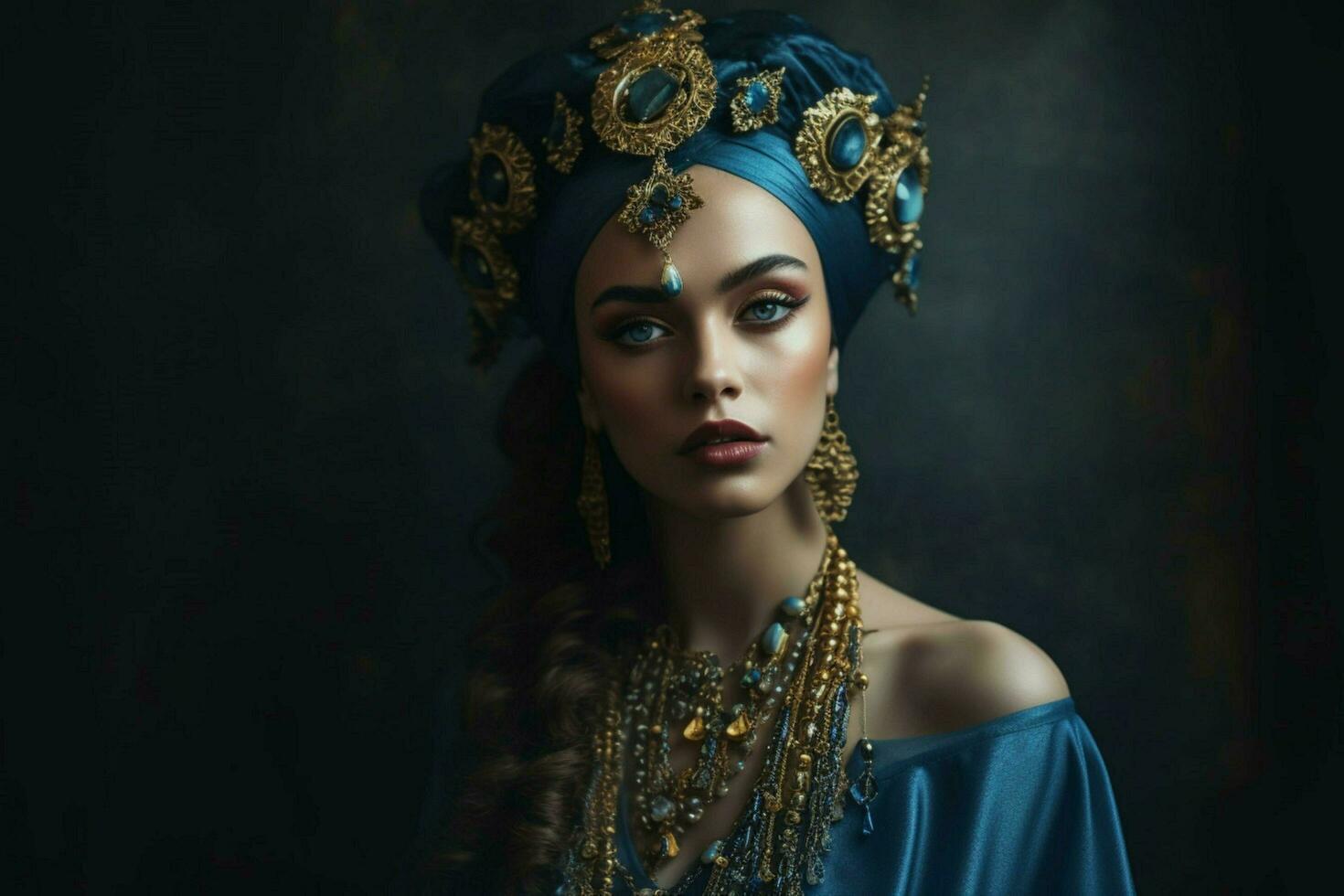 a woman with a blue dress and gold jewelry on her photo