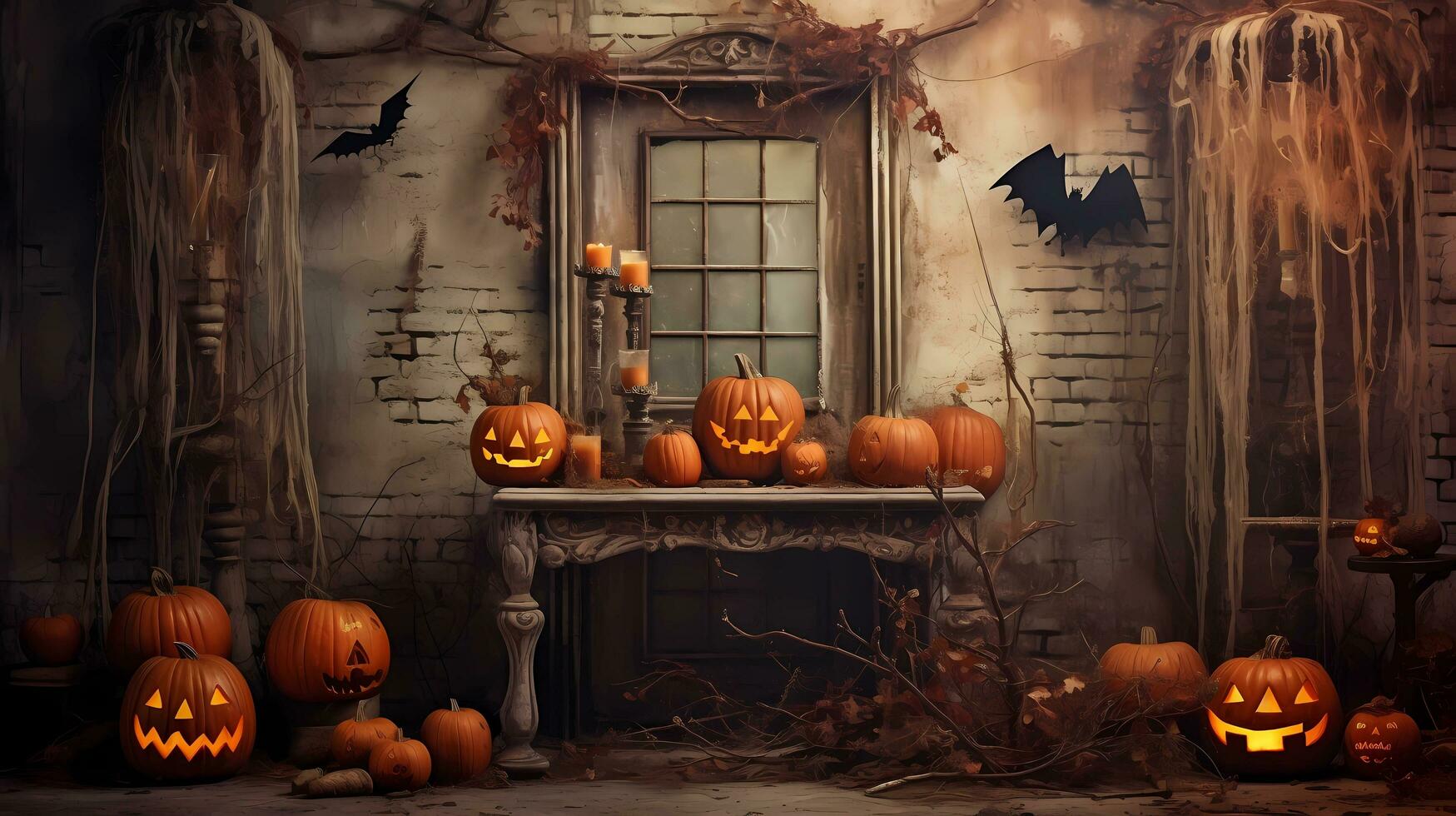The halloween decorations, in the style of evocative textures, rustic textures, carving, light orange and light maroon, mysterious backdrops, AI generated. photo