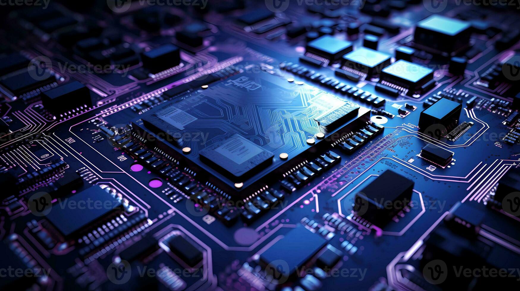 A computer circuit board in a dark background, in the style of sky-blue and purple, boldly textured surfaces, science-based, AI generated. photo