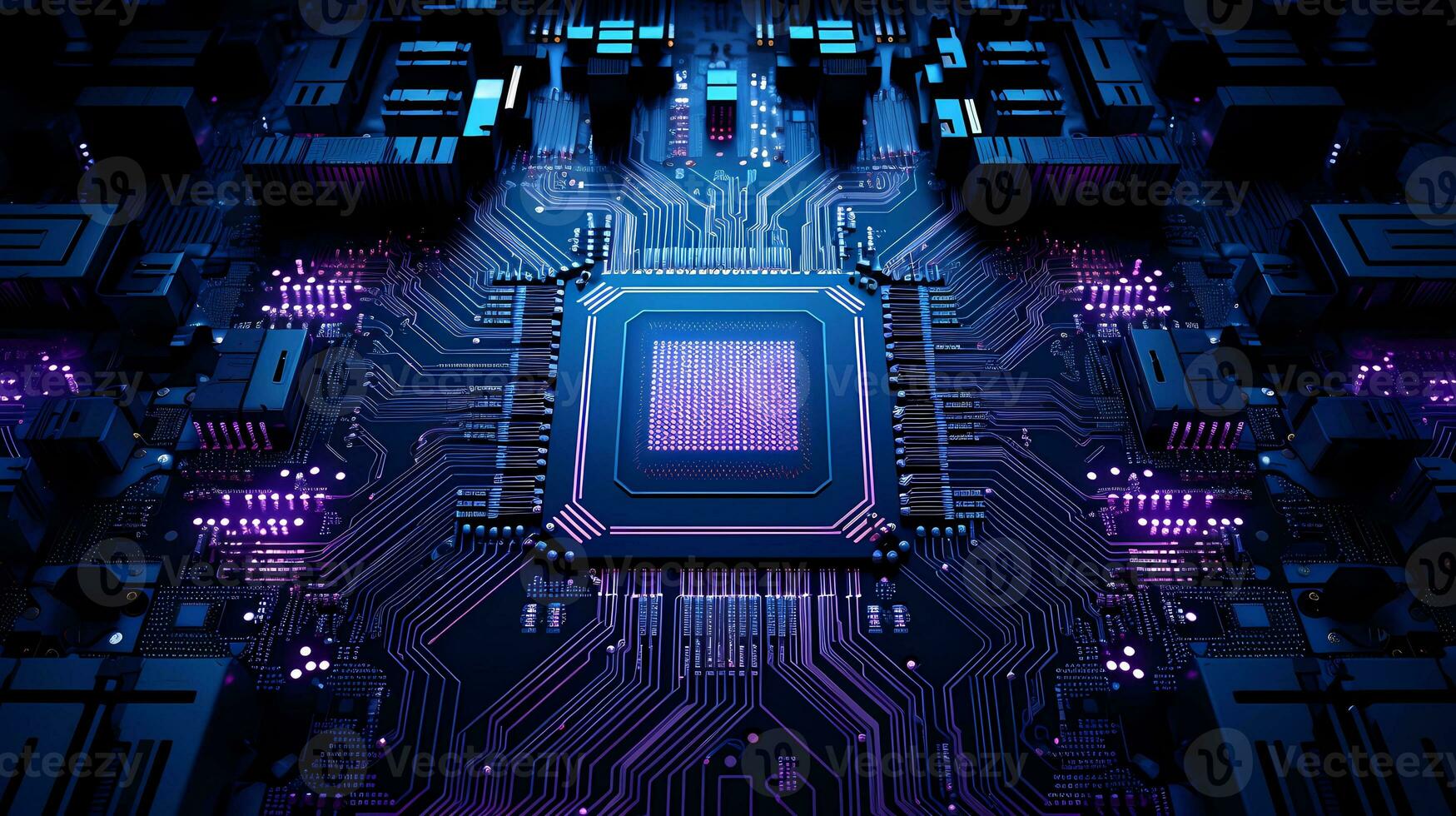 A computer circuit board in a dark background, in the style of sky-blue and purple, boldly textured surfaces, science-based, AI generated. photo