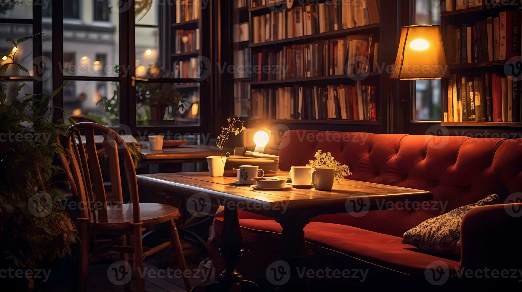 A cozy corner in a coffee shop adorned with warm lighting and comfy seating. cozy, lighting, ambiance, comfort, coffee shop. AI generated. photo