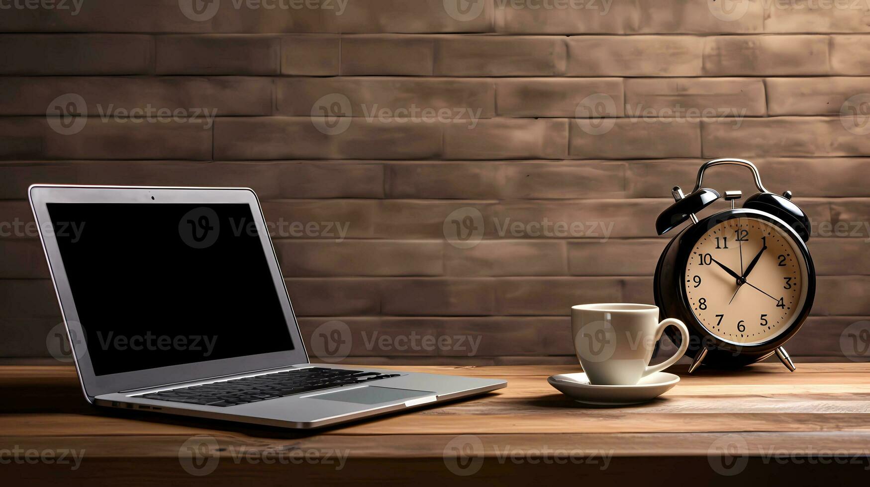 A laptop and a coffee coffee cup on wood texture counter top, in the style of clockpunk, minimalist still lifes, AI generated. photo