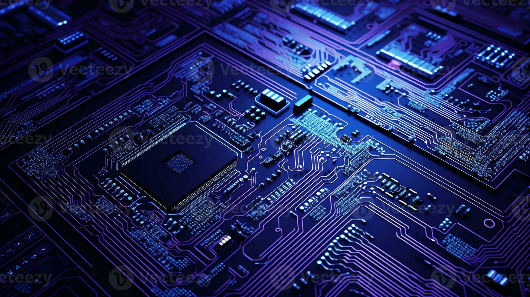 Computer circuit board with light and color technology illustration, space for text, in the style of dark blue and light blue, striated resin veins, computer-aided manufacturing, AI generated. photo