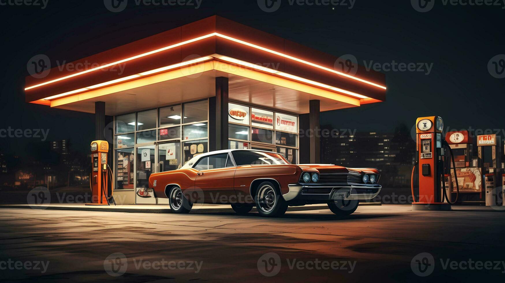 Classic car in front of a retro gas station, evoking a bygone era. gas station, nostalgia, classic car, retro, vintage. AI generated. photo