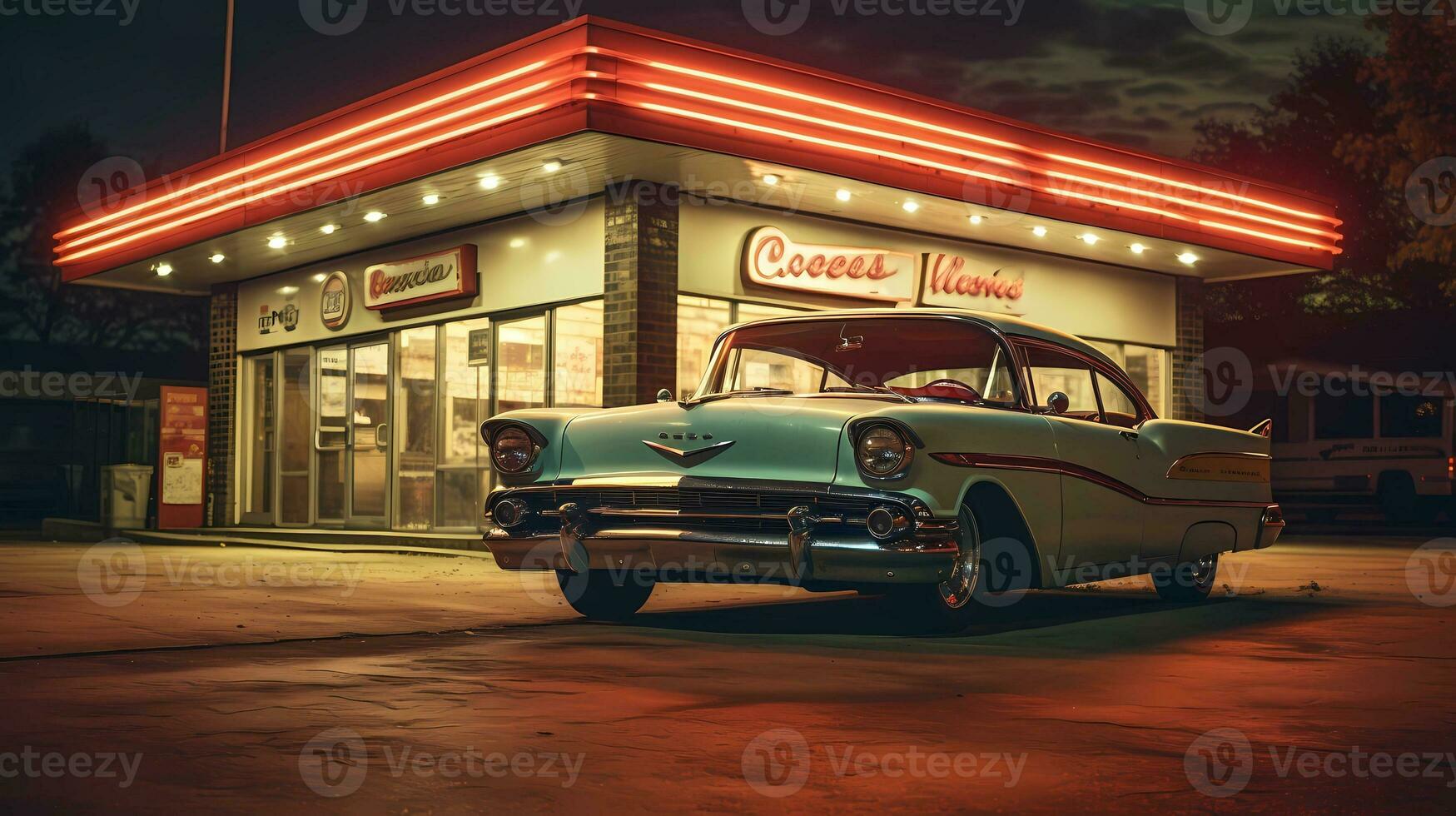 Classic car in front of a retro gas station, evoking a bygone era. gas station, nostalgia, classic car, retro, vintage. AI generated. photo