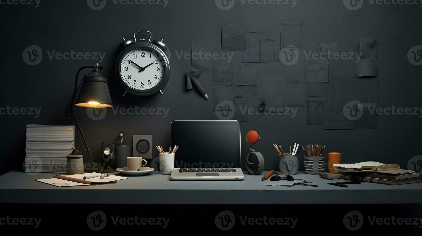 Desk top office concept, in the style of dark and moody still lifes, clockpunk, deconstructed minimalism, AI generated. photo