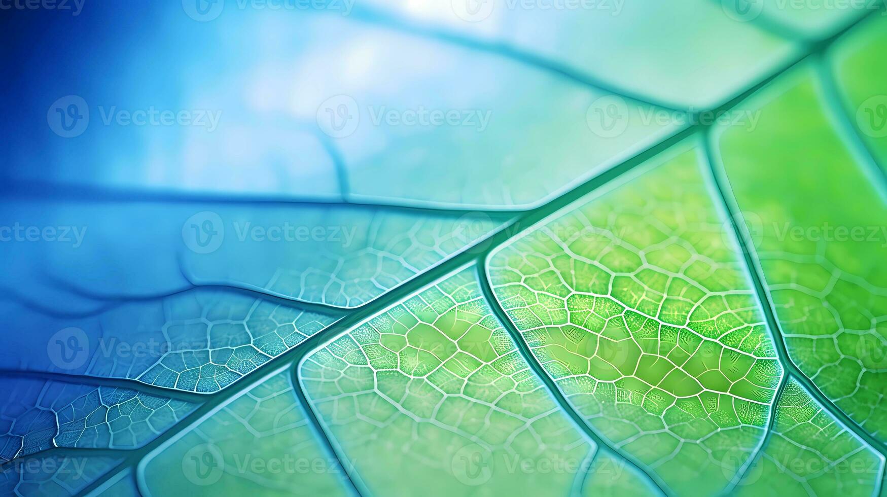 Close up of a leaf with green and blue tone, in the style of layered mesh, detailed texture, flickr, glowing colors, light cyan, organic material. AI generated. photo