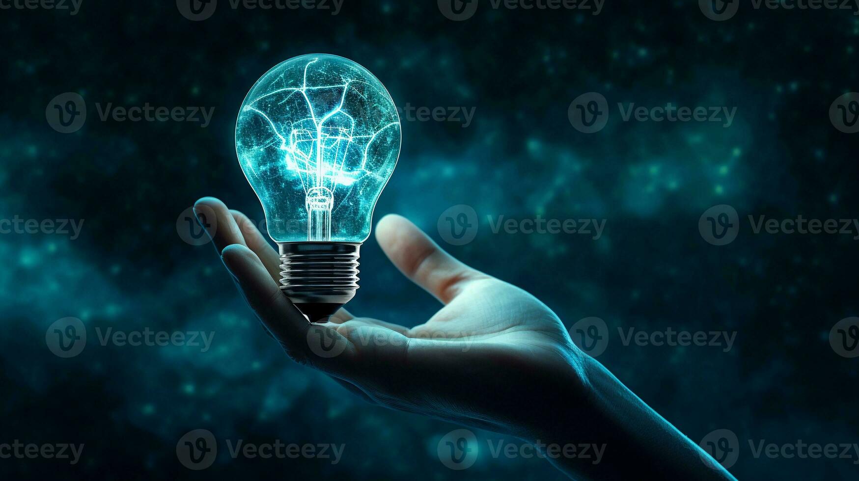 ight bulb with futuristic hand in the space, in the style of light teal and dark navy, AI generated, dynamic energy flow. photo