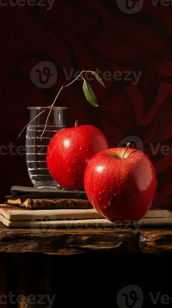 A carefully arranged still life composition featuring a red apple as the focal point, surrounded by complementary elements. Vertical format, AI generated. photo