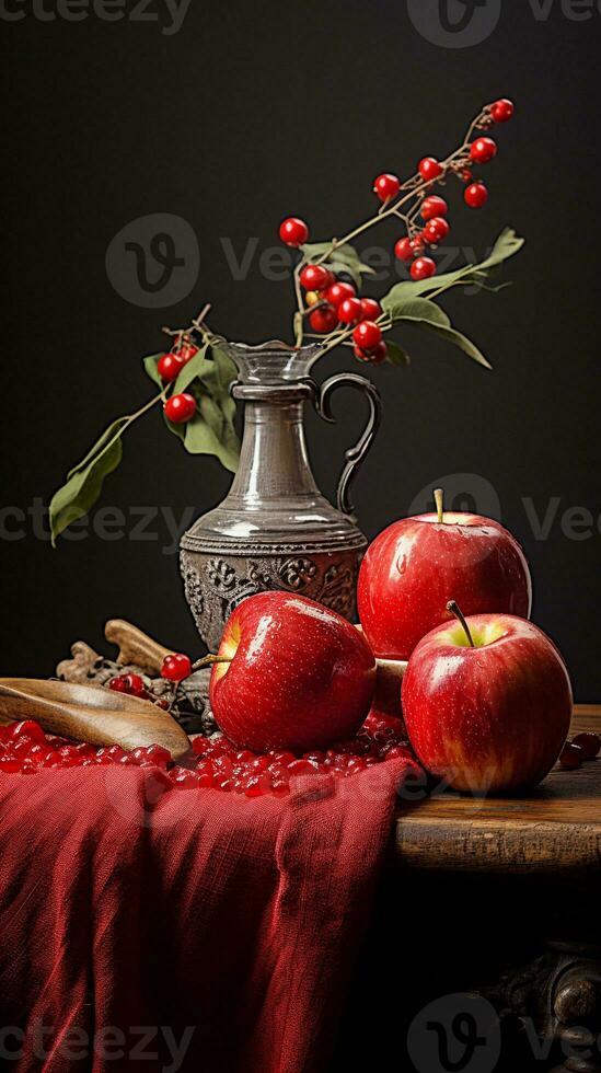 A carefully arranged still life composition featuring a red apple as the focal point, surrounded by complementary elements. Vertical format, AI generated. photo