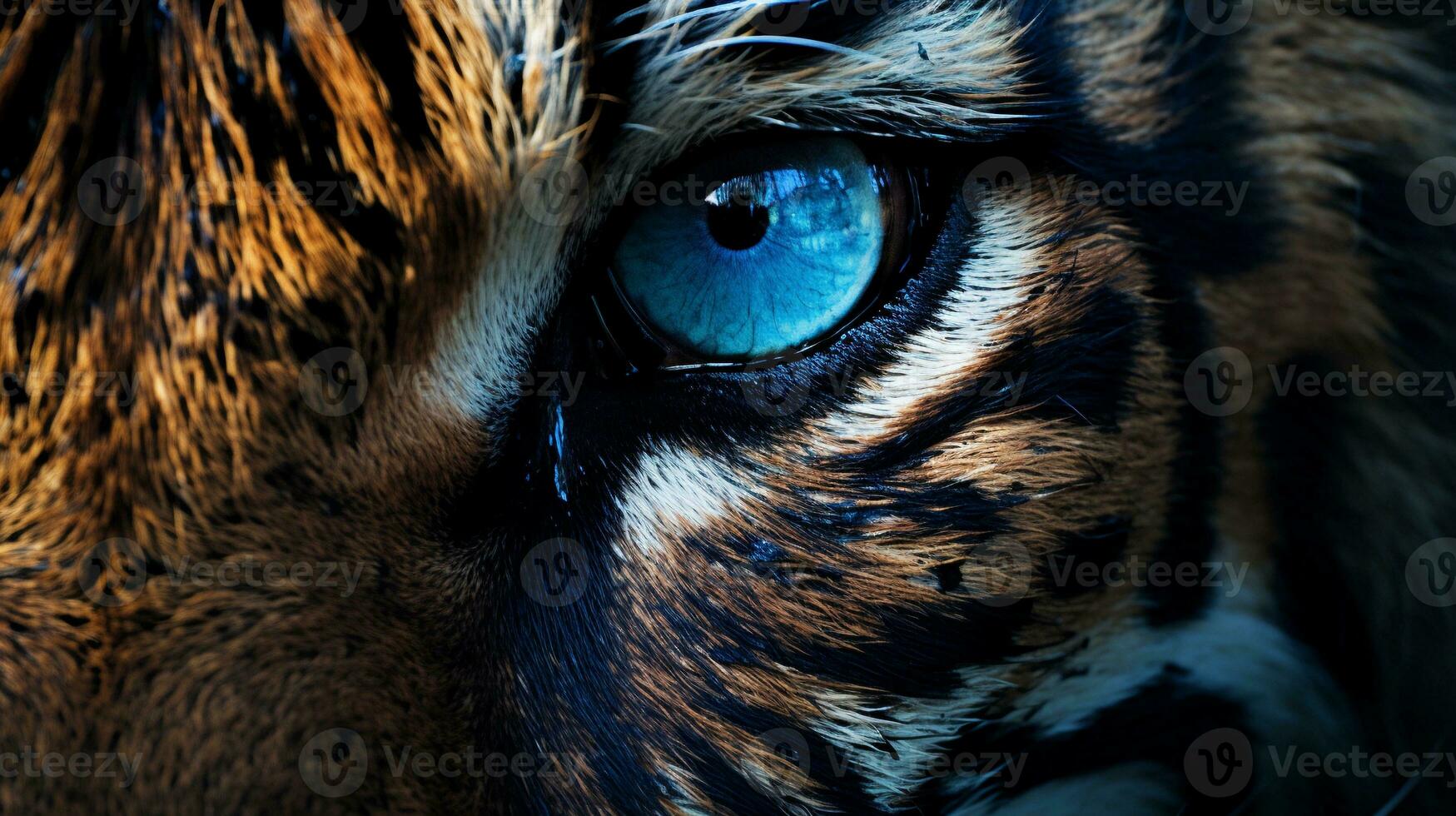 A close-up of a tiger's face, capturing its intricate details and expressive eyes, while leaving an area for text placement. close encounter, intricate details, expressive eyes, AI generated. photo