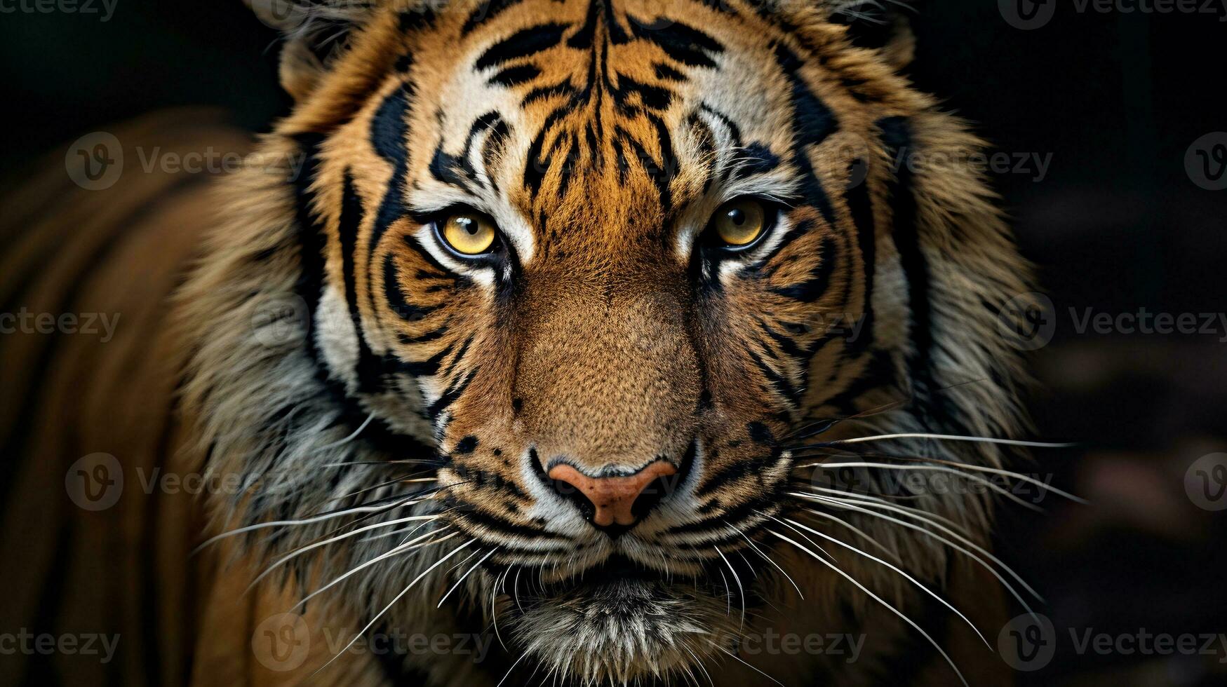 A close-up of a tiger's intense gaze, highlighting its piercing eyes and strong facial features, with an open area for text incorporation. Text space, AI generated. photo