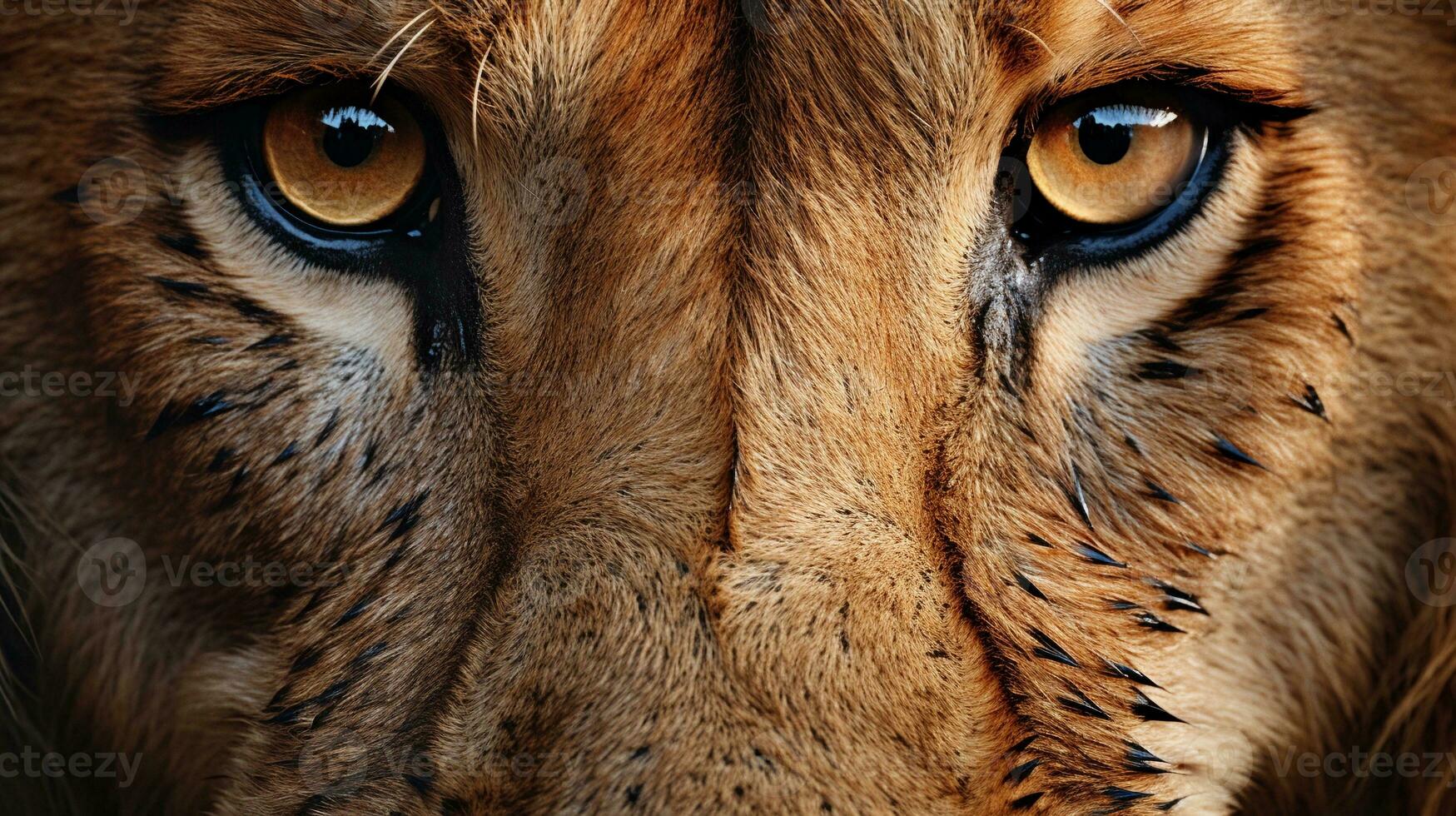 A close-up of a lion's face, capturing its intricate details and expressive eyes, while leaving an area for text placement. close encounter, intricate details, expressive eyes, AI generated. photo