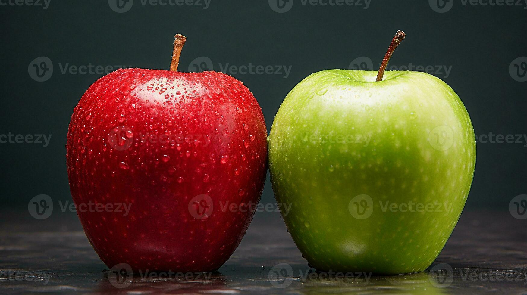 A composition featuring a red apple and a green apple side by side, highlighting their vibrant colors and textural differences. contrasting colors, AI generated. photo
