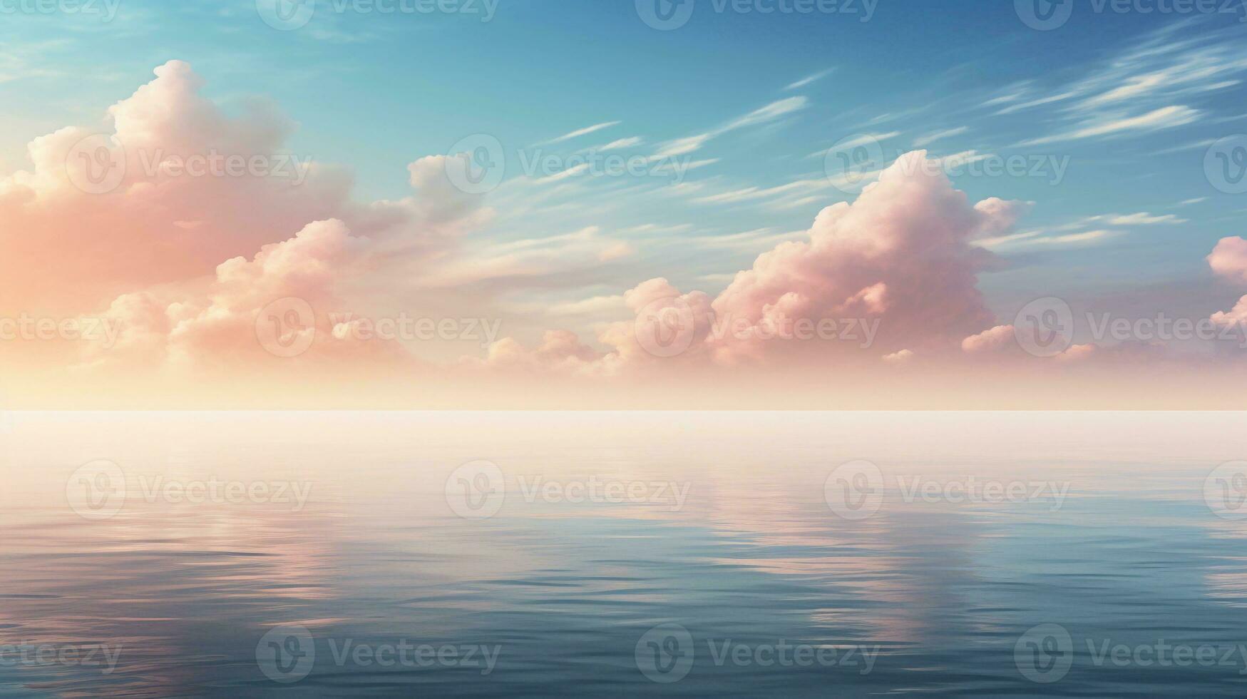A serene coastal scene with calm waters and a peaceful horizon, leaving space for text near the sky or waterline. AI generated. photo