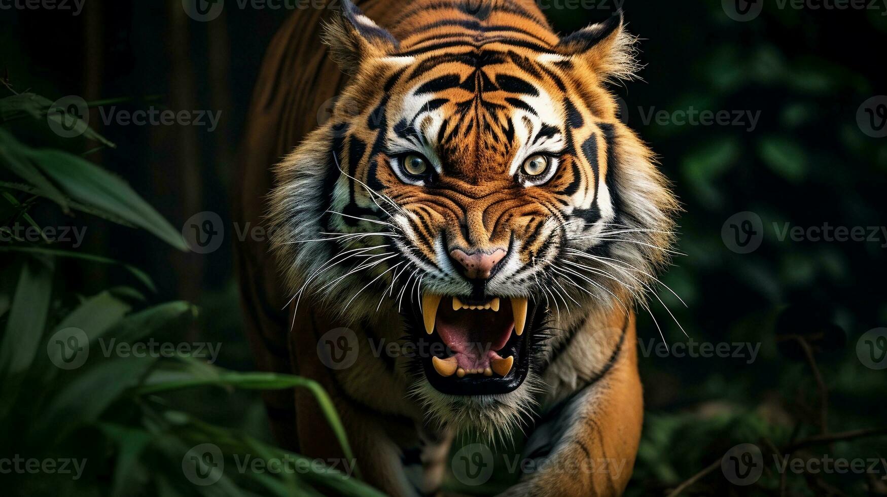 A powerful tiger captured in mid-roar, its majestic presence dominating the frame, leaving a clear area for text placement. regal roar, powerful tiger, majestic presence, AI generated. photo