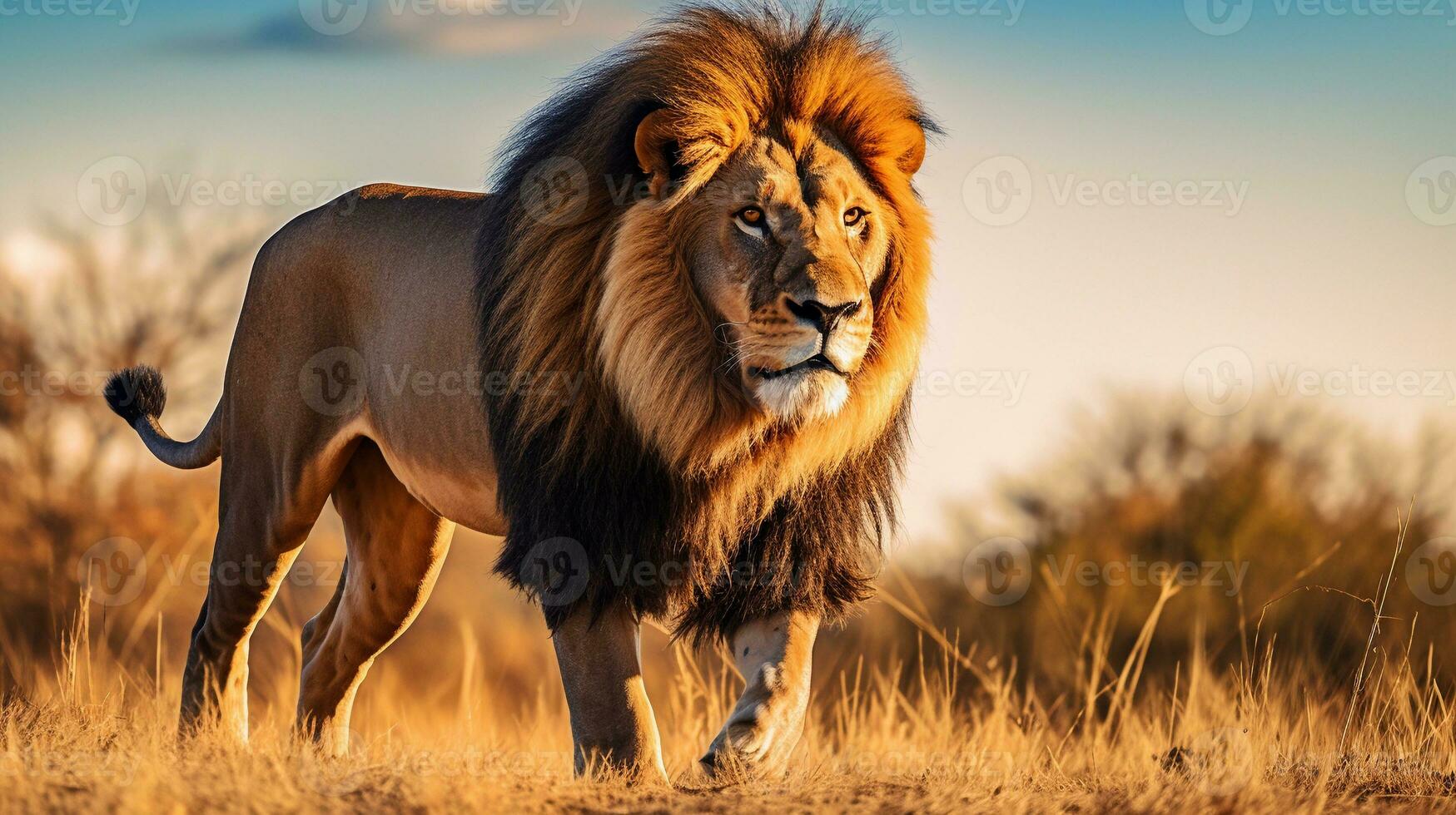 un león caminando con confianza mediante el sabana, exhibiendo sus salvaje elegancia, con un claro cielo antecedentes Perfecto para texto cubrir. safari majestad, confidente paso, salvaje elegancia, ai generado. foto