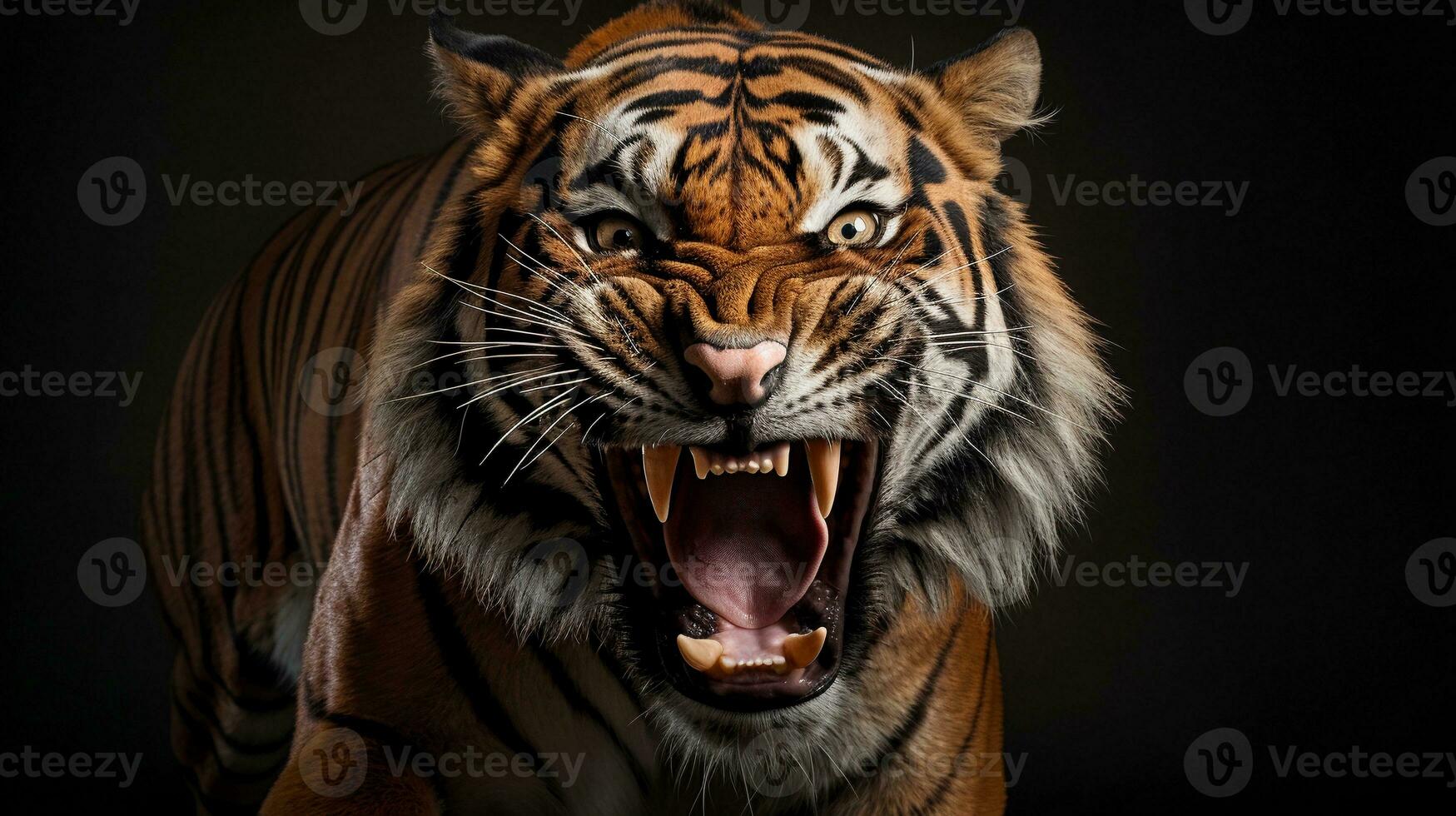 A powerful tiger captured in mid-roar, its majestic presence dominating the frame, leaving a clear area for text placement. regal roar, powerful tiger, majestic presence, AI generated. photo