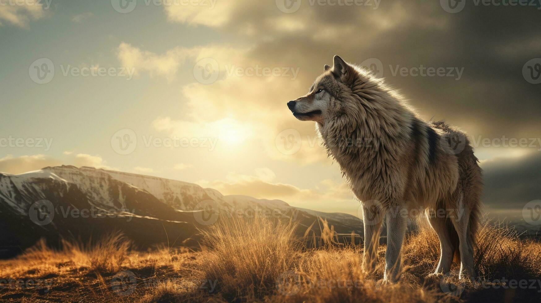 A lone wolf standing tall in an expansive wilderness, emphasizing its majestic presence, with open sky allowing for text overlay. AI generated. photo