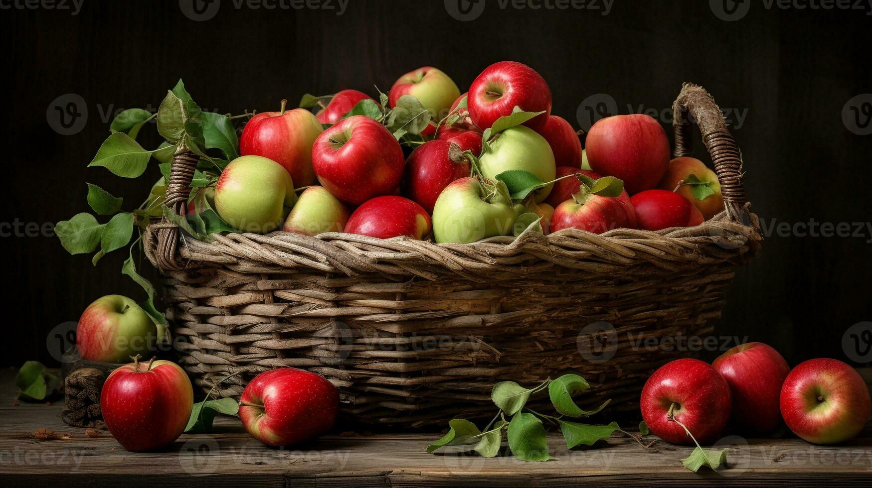 A rustic wooden basket filled with a mix of red and green apples, capturing the essence of a wholesome harvest. AI generated. photo