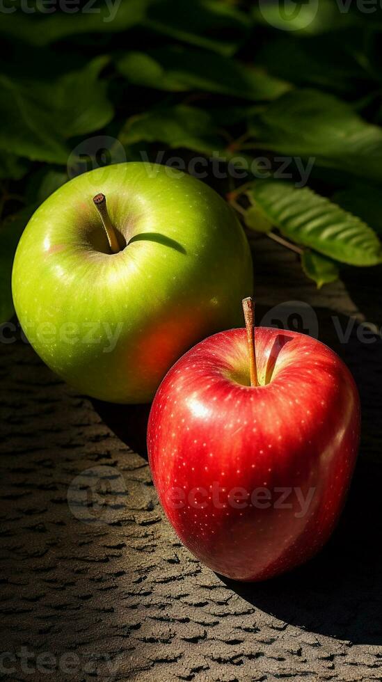 A red apple and a green apple illuminated by dappled sunlight filtering through leaves, creating a play of light and shadow. Vertical, AI generated. photo