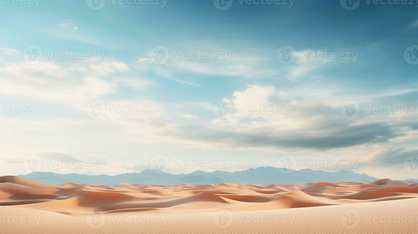 A sweeping desert landscape with sand dunes and an expansive sky, offering an uncluttered backdrop for text overlay. AI generated. photo