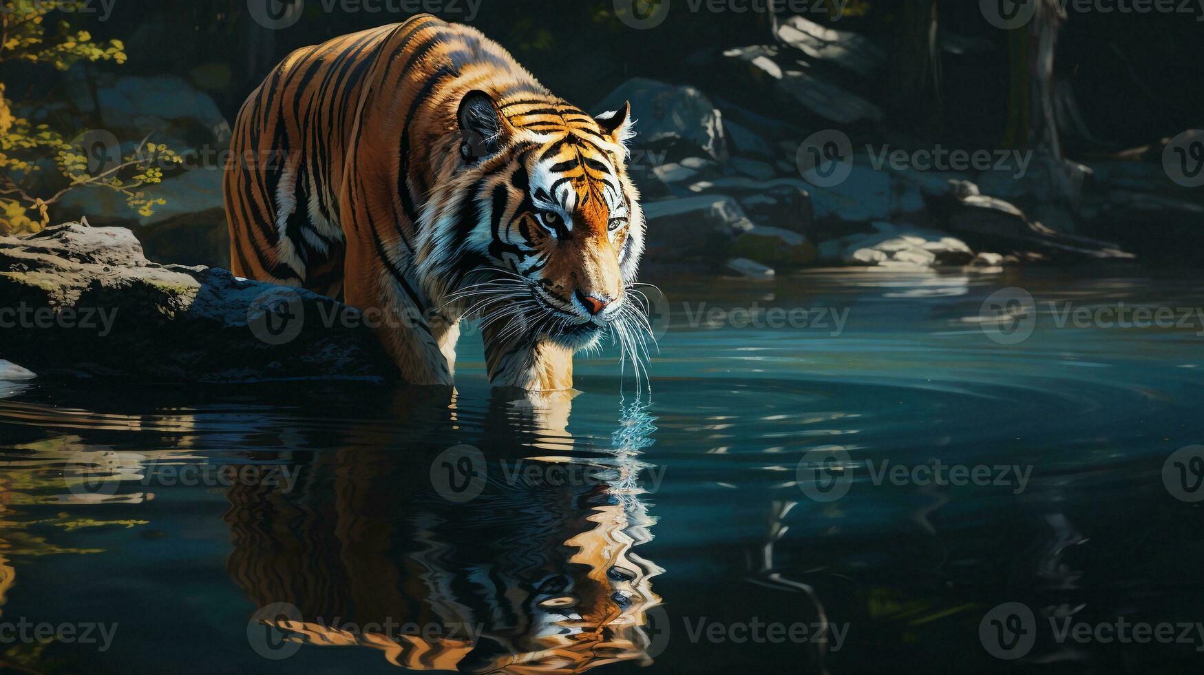 A tiger drinking from a serene water source, reflecting its calm yet wild nature, and providing room for text near the water's edge. cool water oasis, serene scene, AI generated. photo