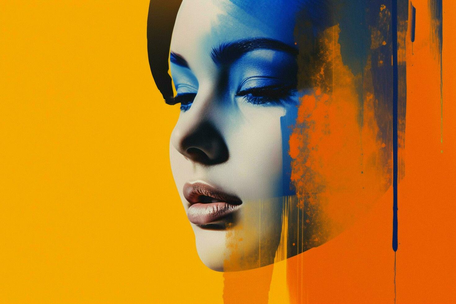 a womans face with a blue and orange background a photo