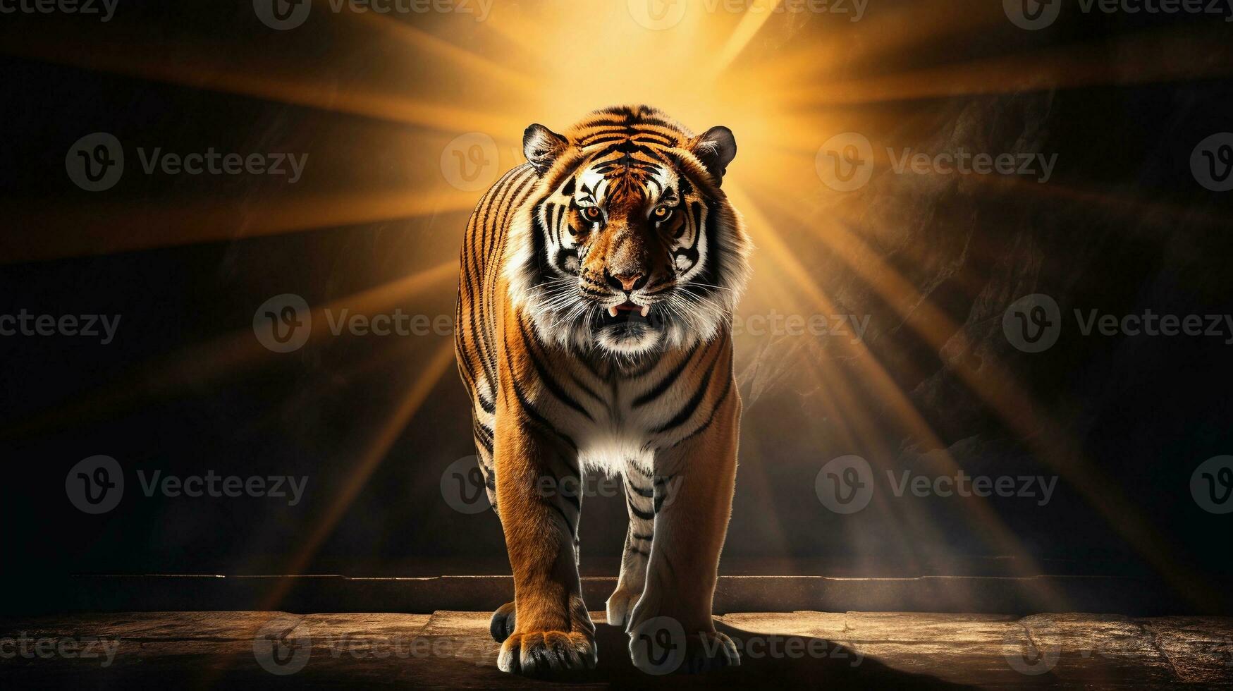 A tiger emerging from the shadows into a beam of sunlight, creating a dramatic contrast and offering room for text overlay. AI generated. photo