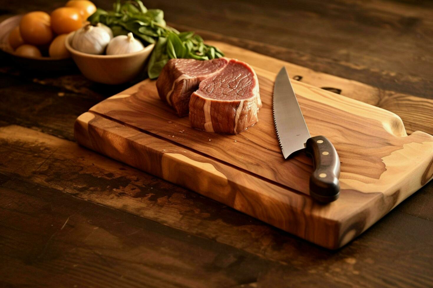 a wooden cutting board with steaks and a knife ne photo