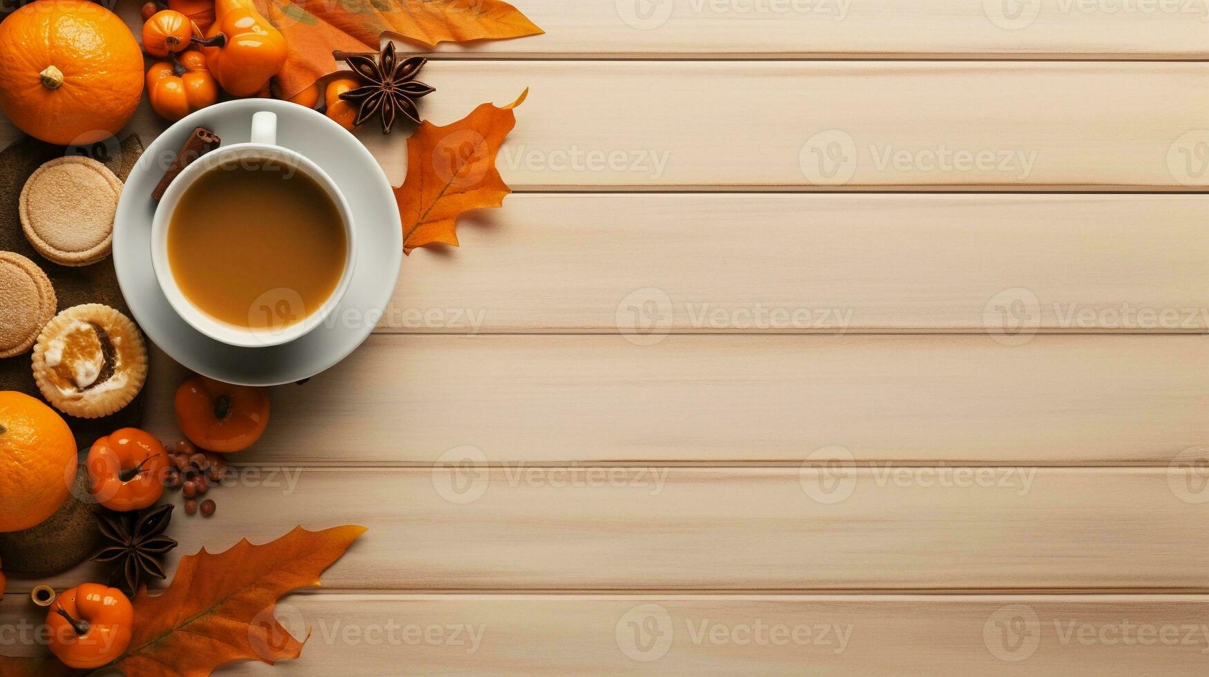 op view of a cozy scene of thanksgiving day meal on a light orange wooden table with space for text, creating a warm atmosphere and a spot for text along the edge. AI generated. photo