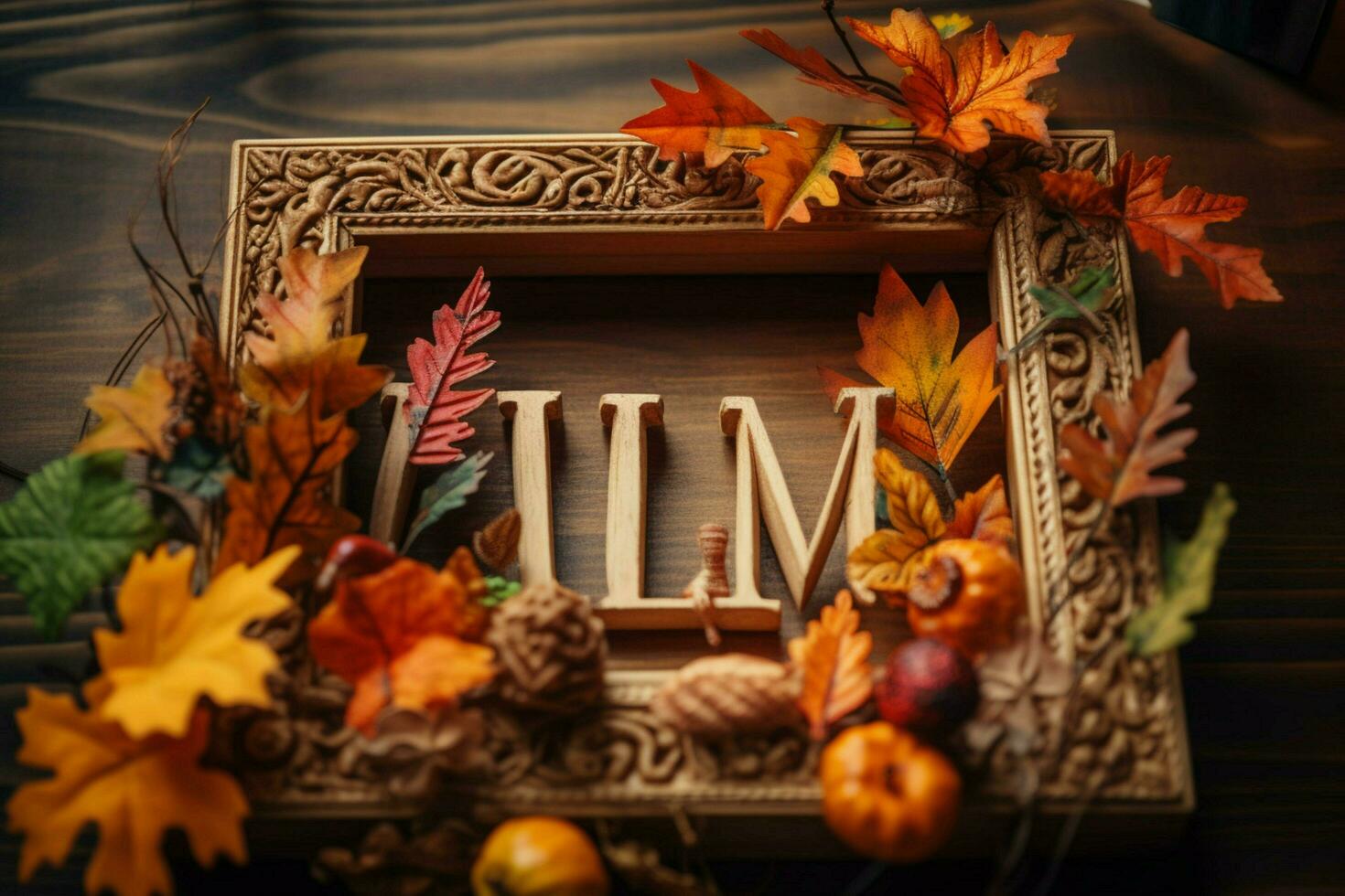 a wooden frame with leaves on it that saysautumno photo