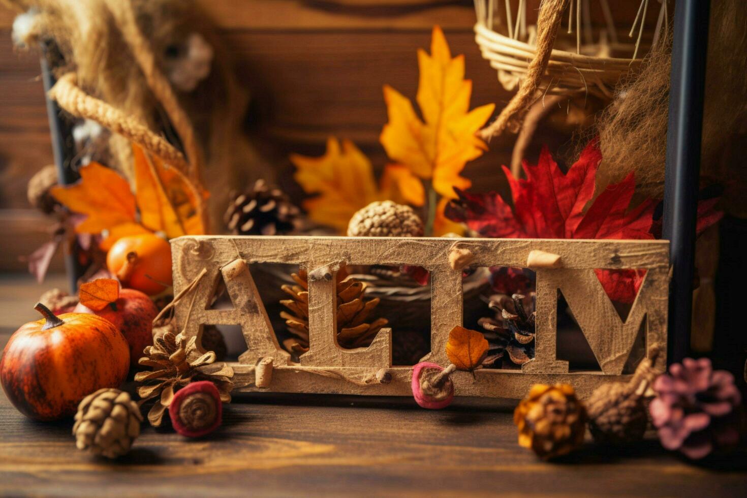 a wooden frame with leaves on it that saysautumno photo