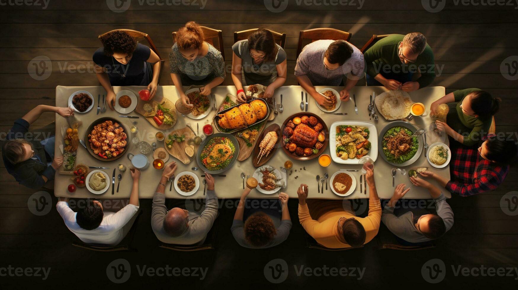 Top view of A warm scene of family members gathered around a Thanksgiving feast with space for text, capturing the joy and togetherness of the occasion, AI generated. photo