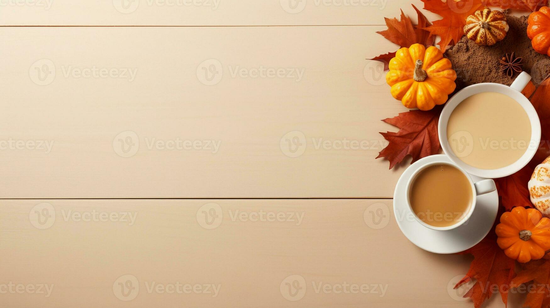 op view of a cozy scene of thanksgiving day meal on a light orange wooden table with space for text, creating a warm atmosphere and a spot for text along the edge. AI generated. photo