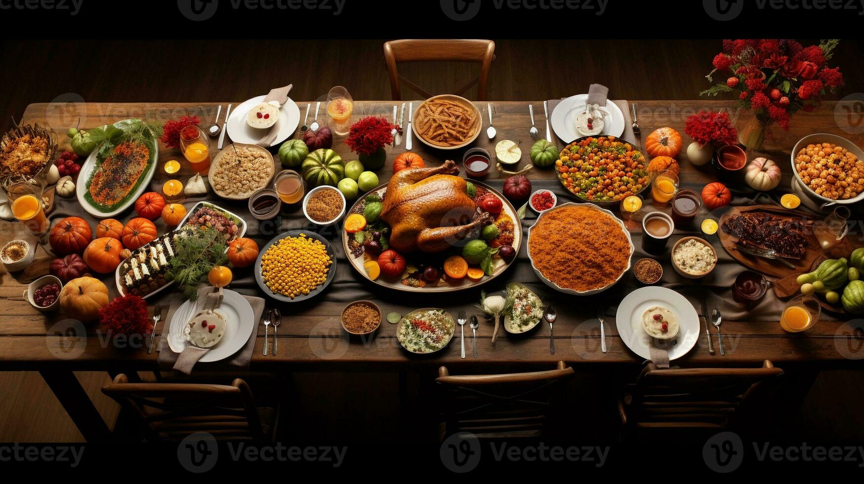 A wide-angle shot of a table laden with a variety of Thanksgiving dishes, showcasing the abundance and diversity of the meal with space for text on one side. AI generated. photo