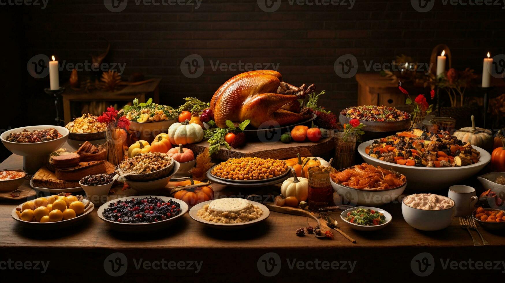 A wide-angle shot of a table laden with a variety of Thanksgiving dishes, showcasing the abundance and diversity of the meal with space for text on one side. AI generated. photo