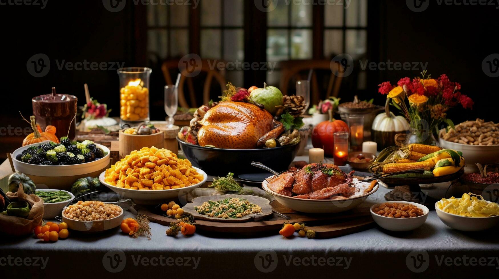 A wide-angle shot of a table laden with a variety of Thanksgiving dishes, showcasing the abundance and diversity of the meal with space for text on one side. AI generated. photo