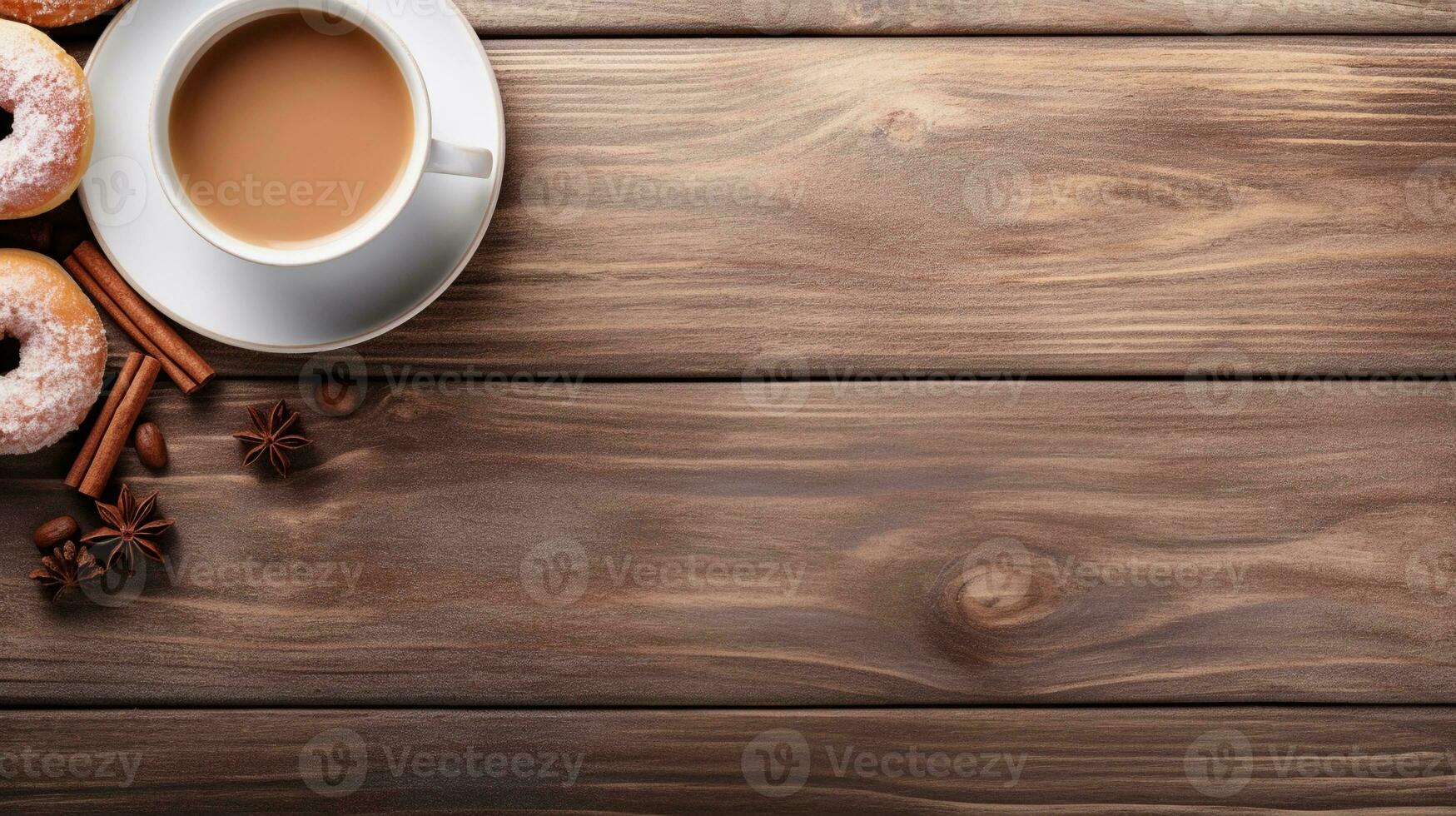 Top view of a cozy scene of donuts placed beside a cup of coffee on a rustic table with space for text, creating a warm atmosphere and a spot for text along the edge. AI generated. photo