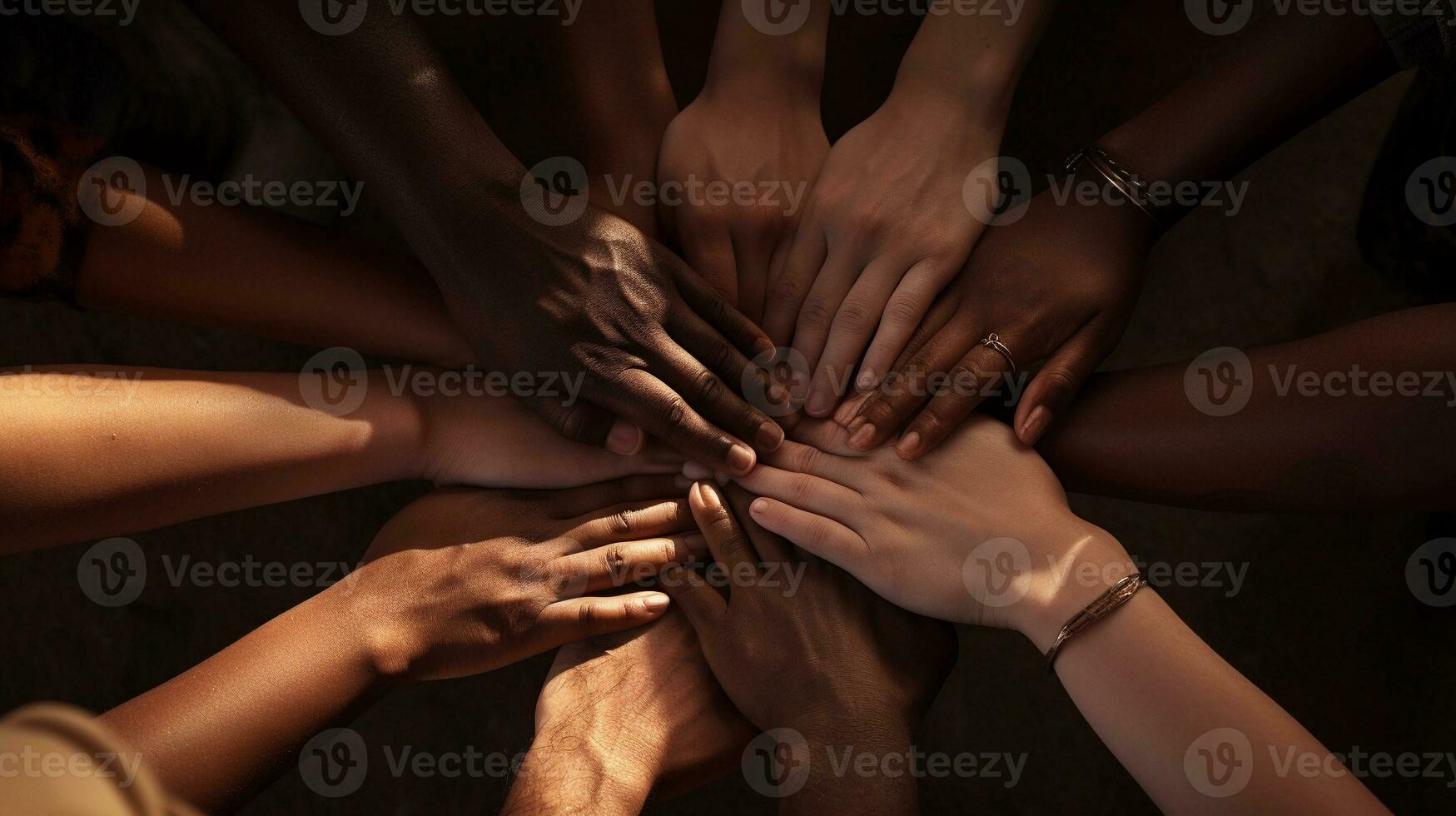 un de cerca Disparo de manos participación sobre cada otro en un círculo, simbolizando gratitud y unidad, con espacio para texto en el centrar o a lo largo el bordes ai generado. foto