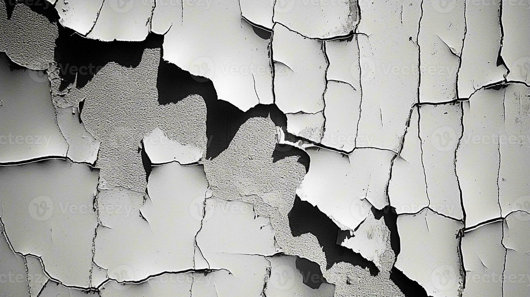 A dramatic black-and-white image of a peeling paint wall, highlighting the contrast between the smooth and textured areas. AI generated. photo