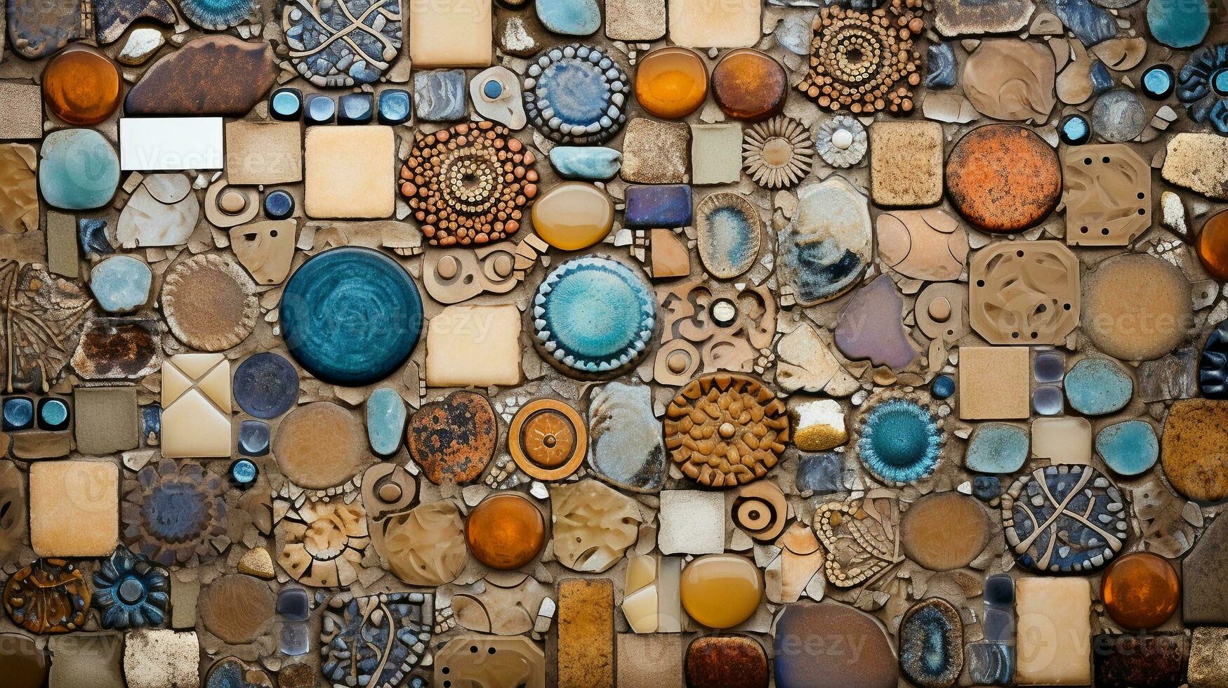 A detailed capture of a mosaic tile wall, displaying the intricate patterns and diverse textures of the tiles. AI generated. photo