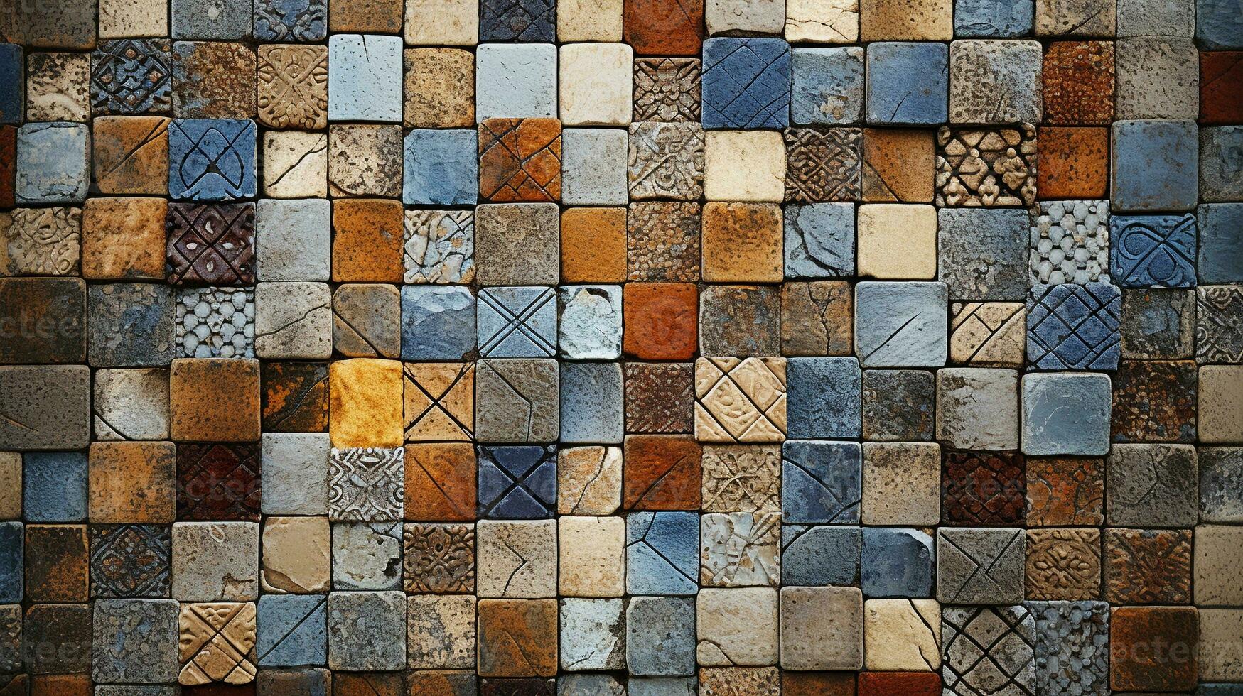 A detailed capture of a mosaic tile wall, displaying the intricate patterns and diverse textures of the tiles. AI generated. photo