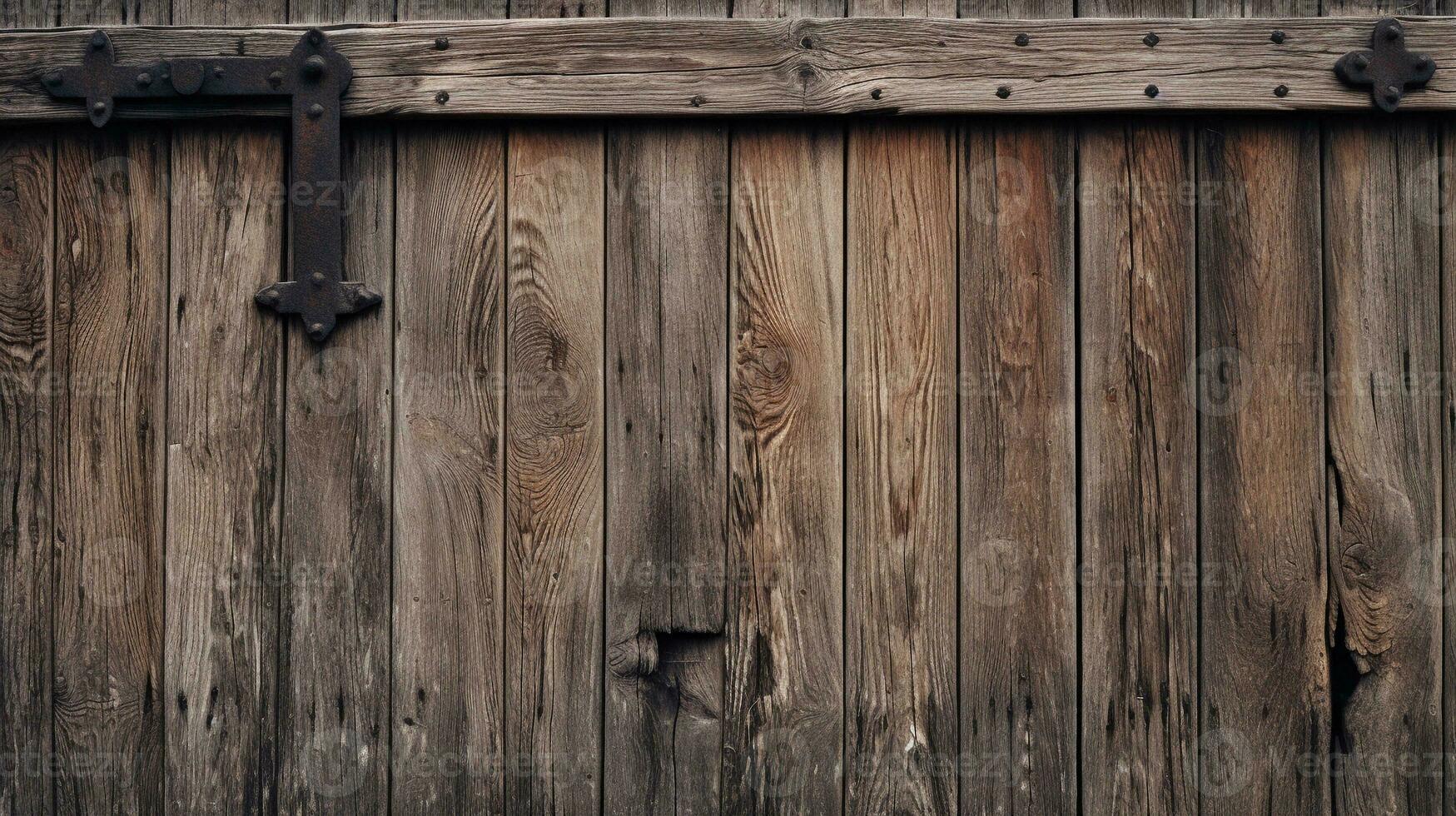 un de cerca fotografía de un resistido granero puerta, revelador el intrincado grano patrones y escabroso texturas de Envejecido madera. ai generado. foto