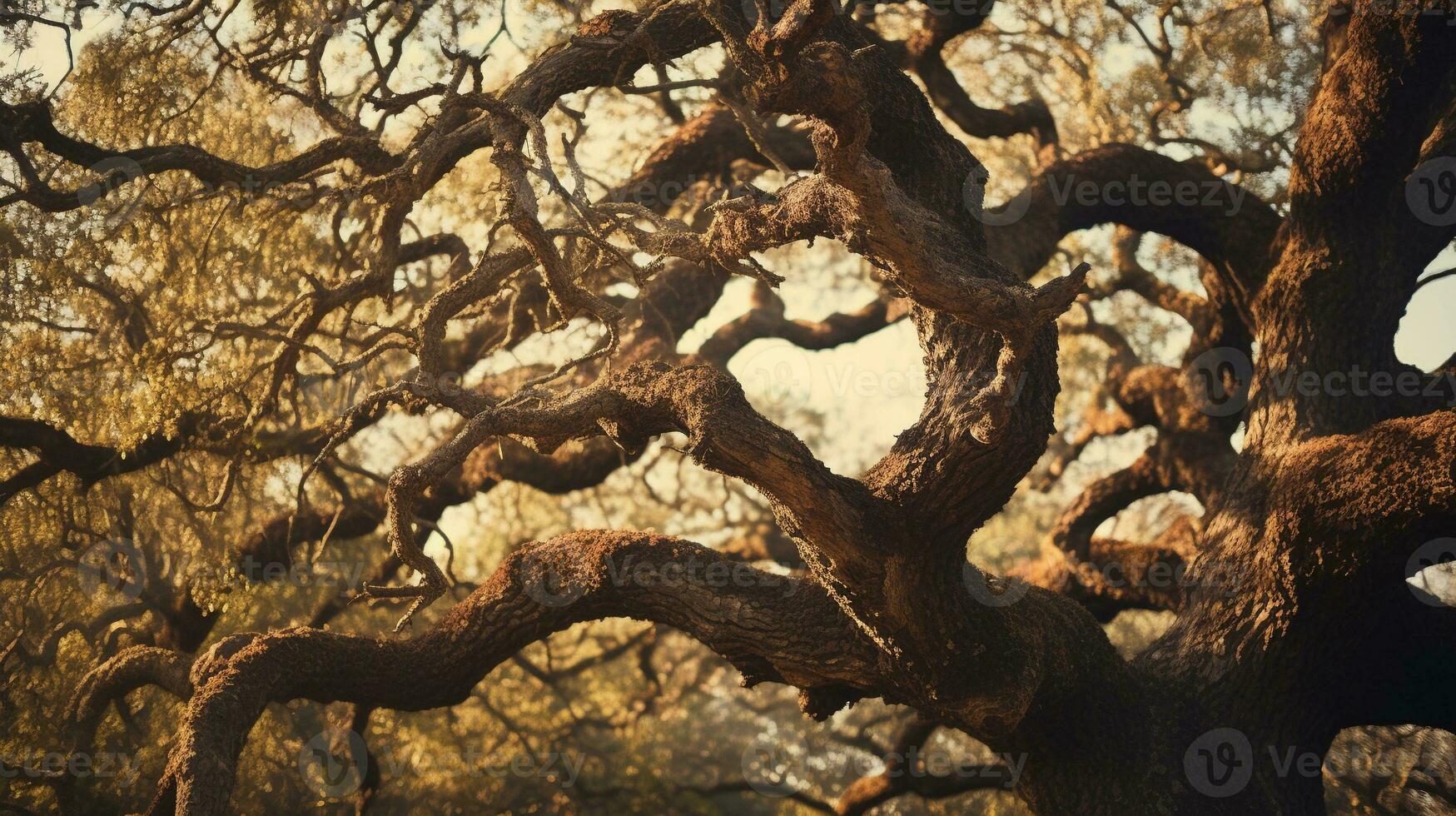 Capturing the character of an old oak tree with its gnarled branches and rough bark, displaying the intricate textures that come with age. AI generated. photo