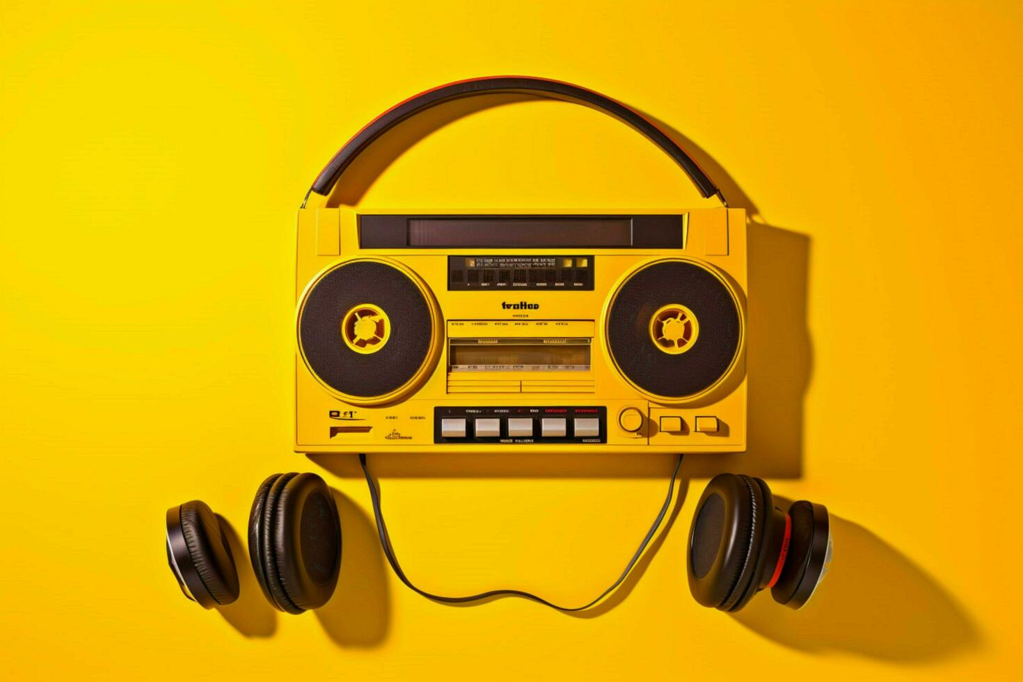a yellow background with a cassette player and he photo