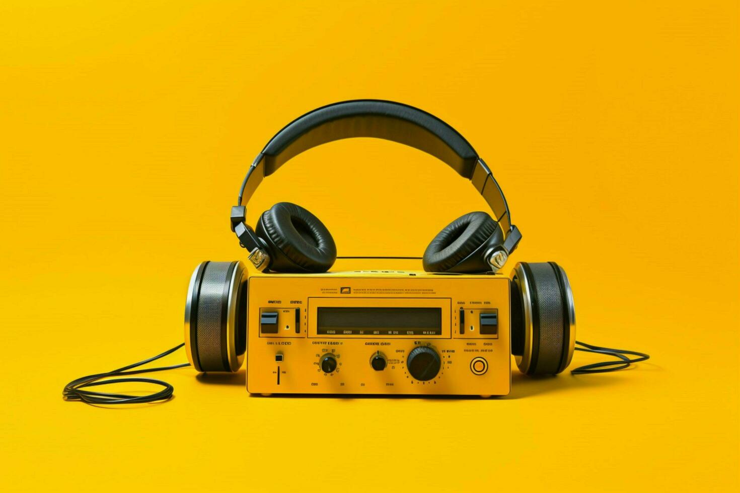 a yellow background with a cassette player and he photo