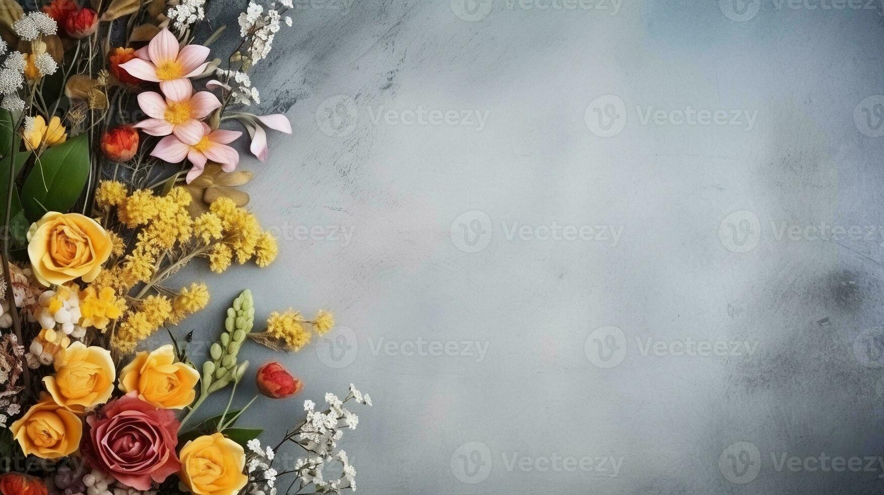 A bouquet of flowers with textured background and space for text. AI generated. photo